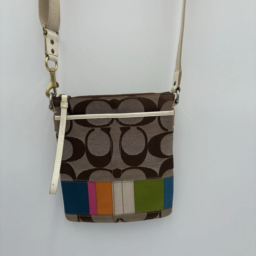 Coach Signature Crossbody Bag Womens Multi Patchwork Canvas Adjustable Swingpack